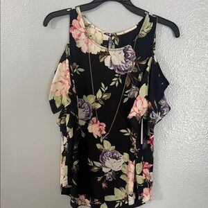 BCX Black Floral Cold Shoulder Blouse
